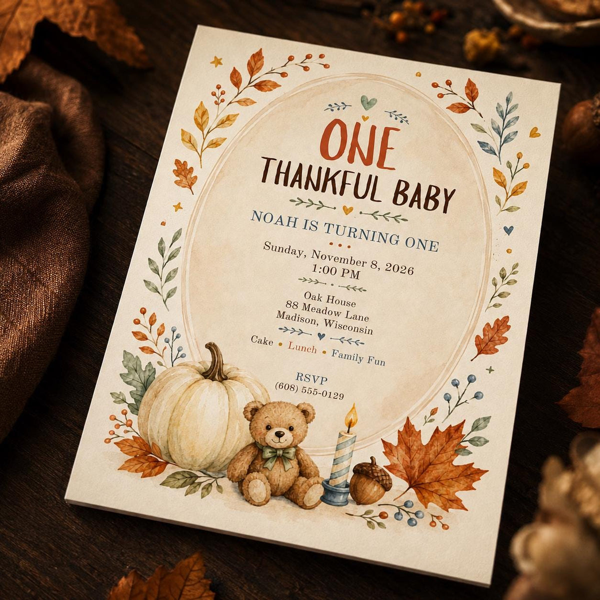 Teddy Bear First Birthday Invitation: One Thankful Baby Fall Thanksgiving Party — digital invitation, instant download