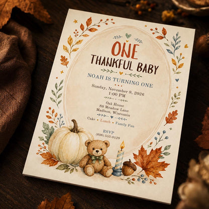 Teddy Bear First Birthday Invitation: One Thankful Baby Fall Thanksgiving Party — digital invitation, instant download