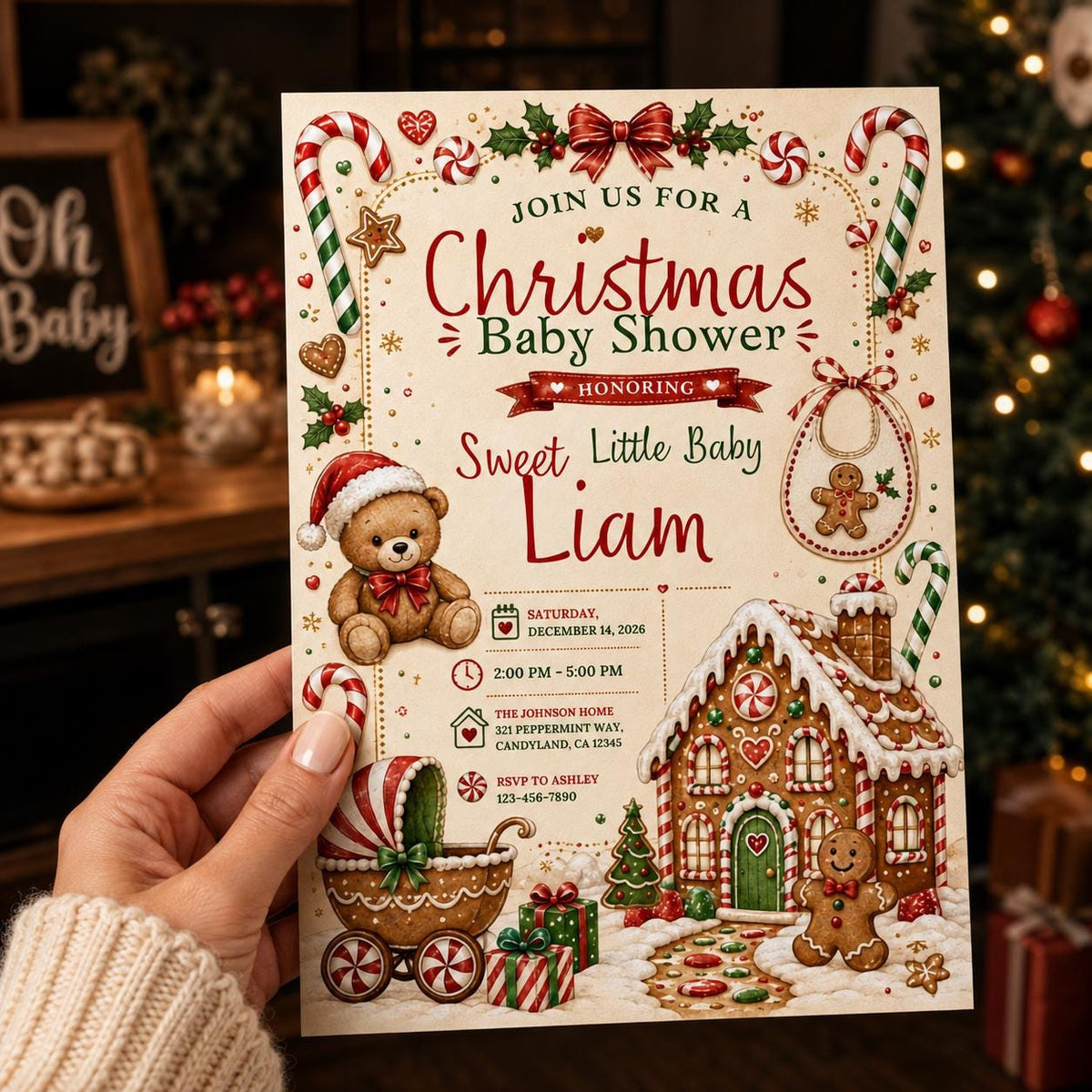 Teddy Bear Gingerbread Baby Shower Invitation — invitation you personalize in Canva