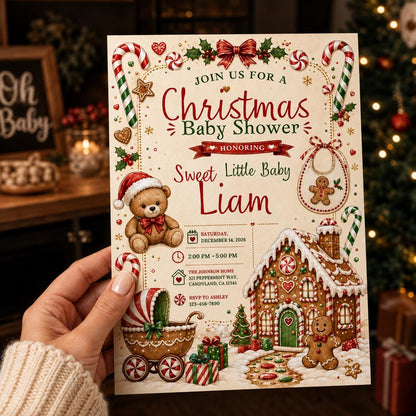 Teddy Bear Gingerbread Baby Shower Invitation — invitation you personalize in Canva