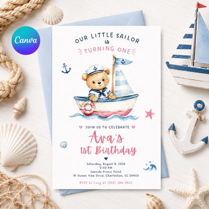 Teddy Bear Little Sailor First Birthday Invitation for Girls — editable Canva template
