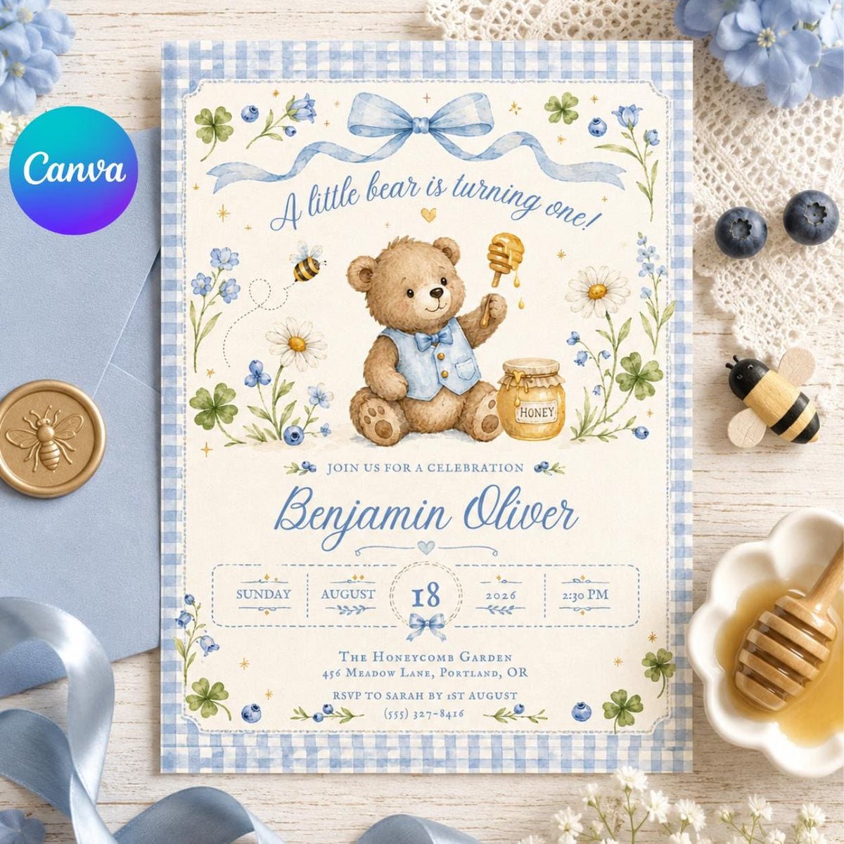 Teddy Bear Our Little Bear Is Turning One Birthday Invitation — editable Canva template