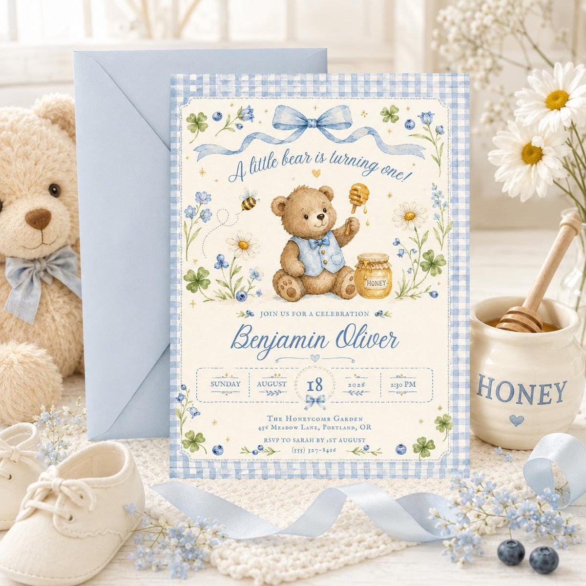 Teddy Bear Our Little Bear Is Turning One Birthday Invitation — invitation you personalize in Canva