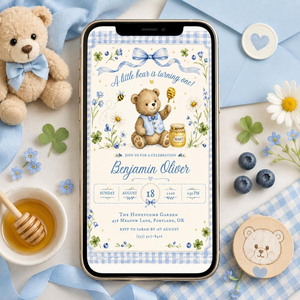 Teddy Bear Our Little Bear Is Turning One Birthday Invitation — print-ready birthday party design from VoltBy