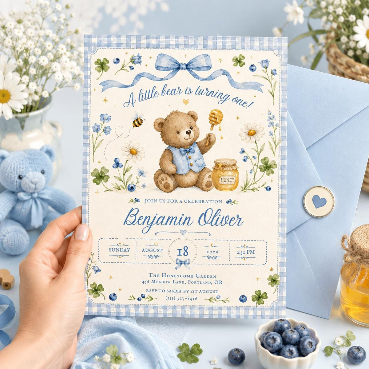 Teddy Bear Our Little Bear Is Turning One Birthday Invitation — birthday party stationery by VoltBy