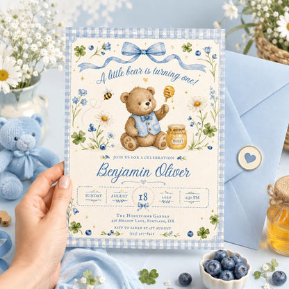 Teddy Bear Our Little Bear Is Turning One Birthday Invitation — birthday party stationery by VoltBy