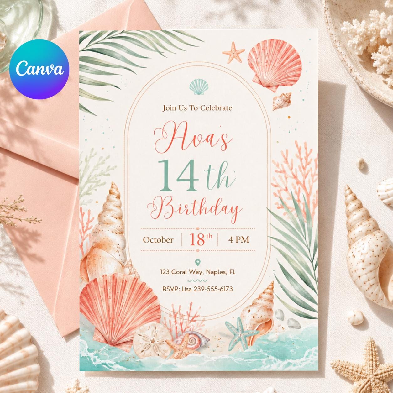 teen girl coastal birthday invitation, pastel teen girl invitation, beach theme editable invitation, tropical summer party invite, Canva __etsy:8033850644