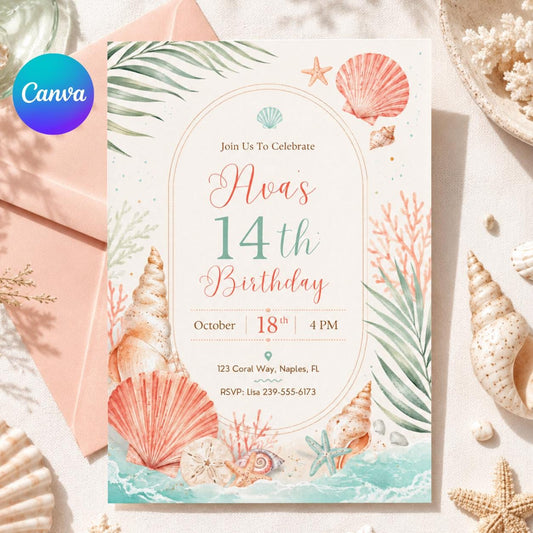 teen girl coastal birthday invitation, pastel teen girl invitation, beach theme editable invitation, tropical summer party invite, Canva __etsy:8033850644