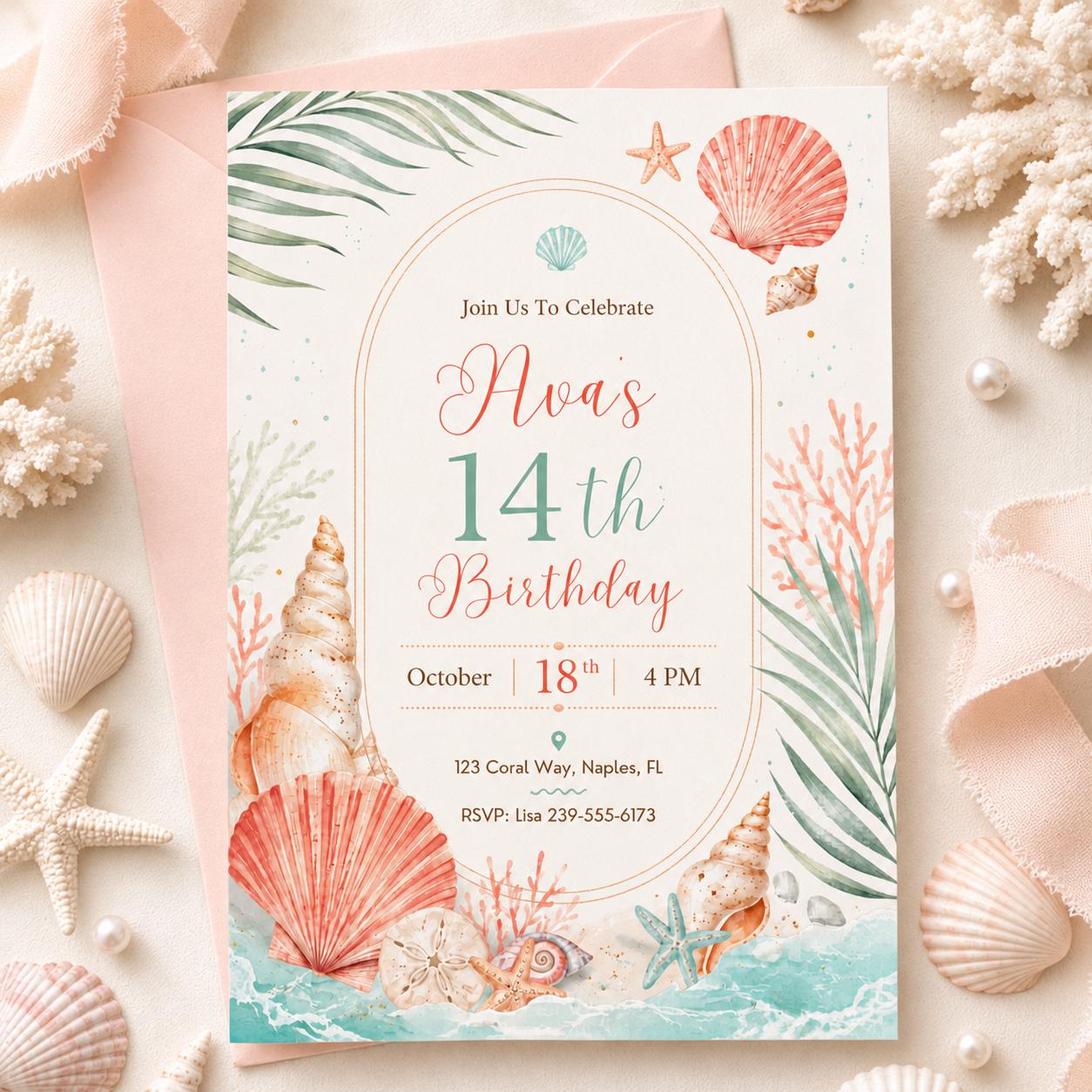 teen girl coastal birthday invitation, pastel teen girl invitation, beach theme editable invitation, tropical summer party invite, Canva __etsy:8033429336