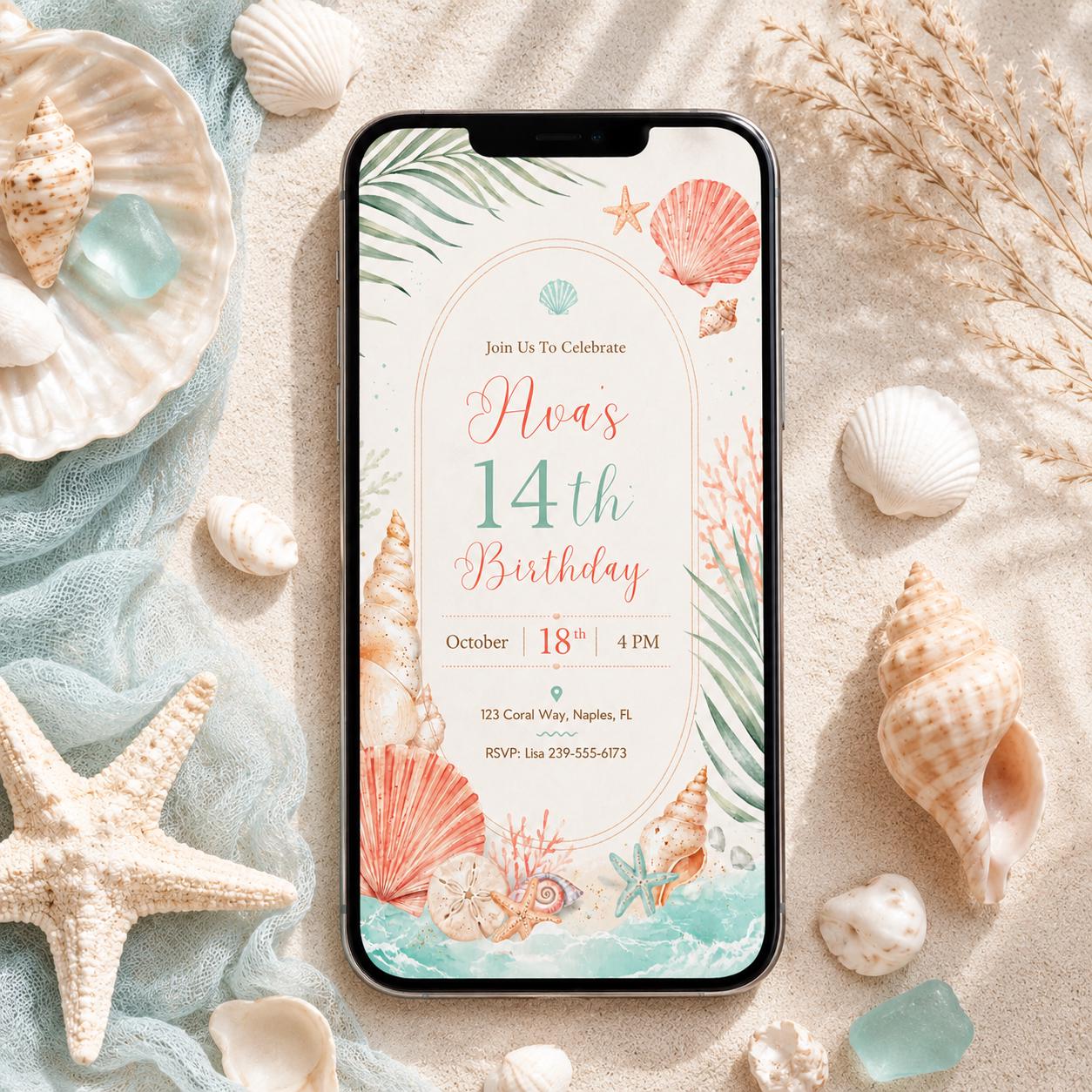 teen girl coastal birthday invitation, pastel teen girl invitation, beach theme editable invitation, tropical summer party invite, Canva __etsy:8033430924