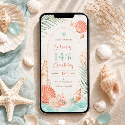 teen girl coastal birthday invitation, pastel teen girl invitation, beach theme editable invitation, tropical summer party invite, Canva __etsy:8033430924