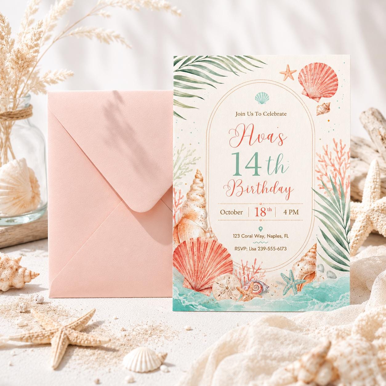 teen girl coastal birthday invitation, pastel teen girl invitation, beach theme editable invitation, tropical summer party invite, Canva __etsy:8033433228