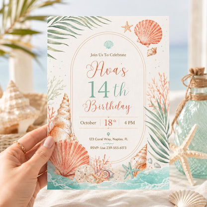 teen girl coastal birthday invitation, pastel teen girl invitation, beach theme editable invitation, tropical summer party invite, Canva __etsy:8081346281