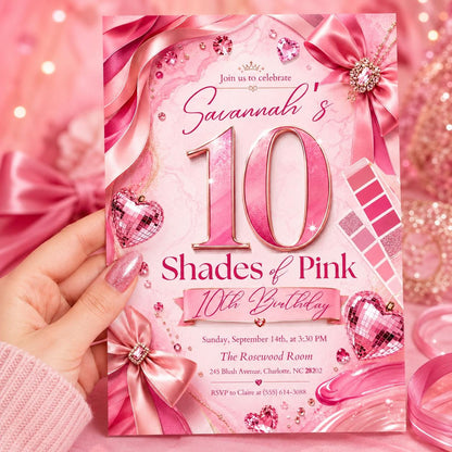 Ten Shades of Pink 10th Birthday Invitation — invitation you personalize in Canva