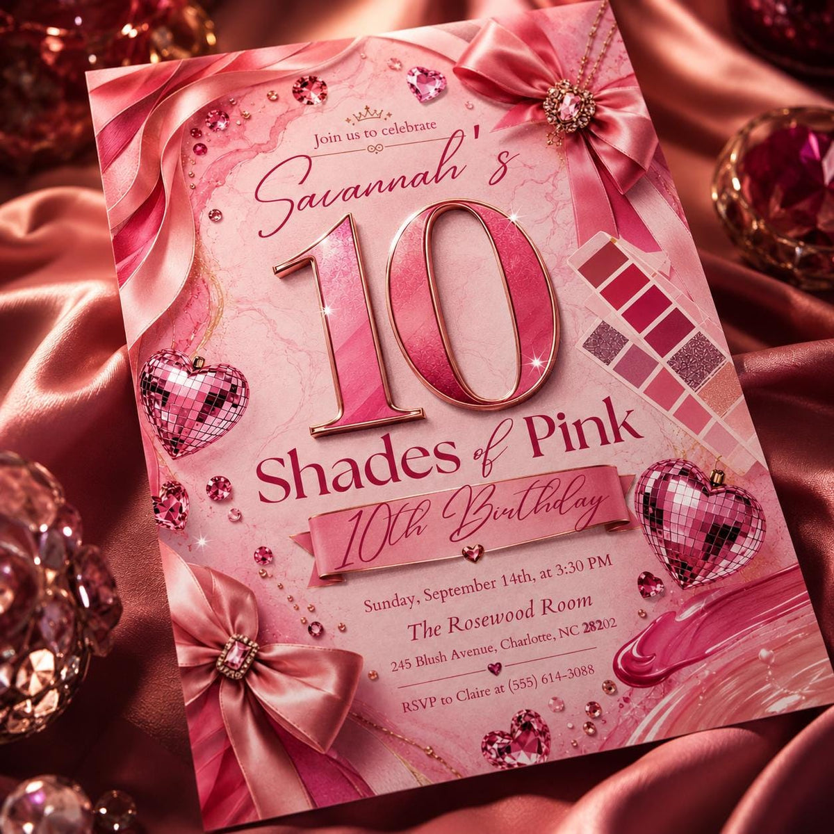 Ten Shades of Pink 10th Birthday Invitation — print-ready 10th birthday party design from VoltBy