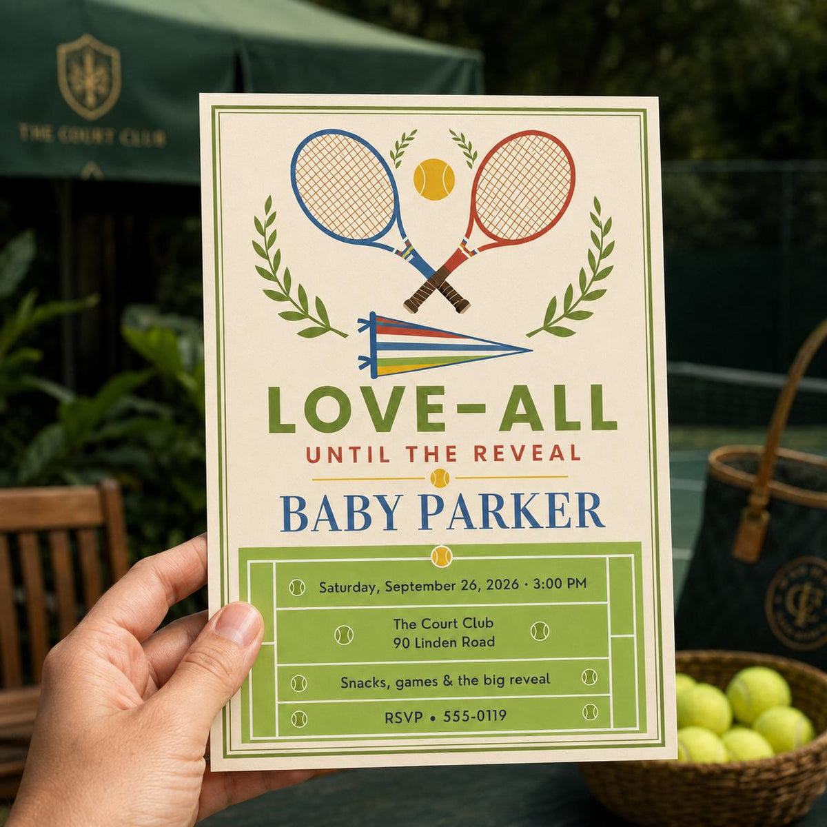 Tennis Gender Reveal Invitation — print-ready gender reveal design from VoltBy
