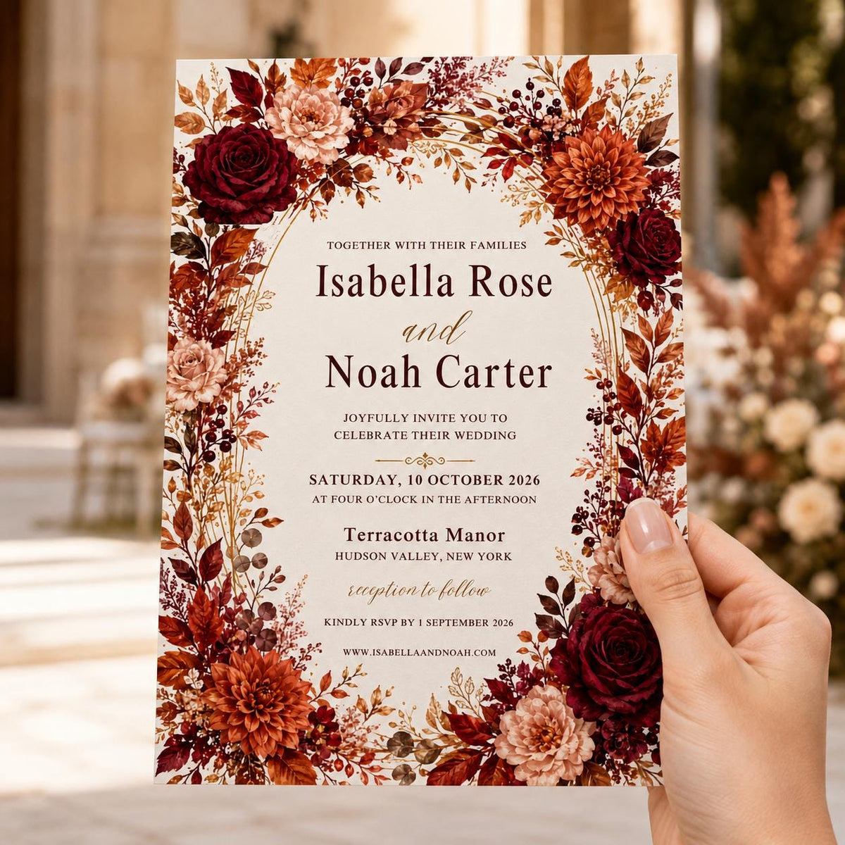 Terracotta and Burgundy Fall Wedding Invitation — invitation you personalize in Canva