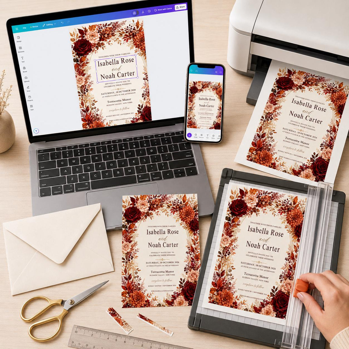 Terracotta and Burgundy Fall Wedding Invitation — elegant wedding design