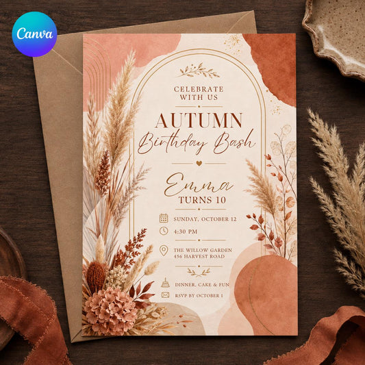 Terracotta Boho Fall 10th Birthday Invitation for Girls — editable Canva template