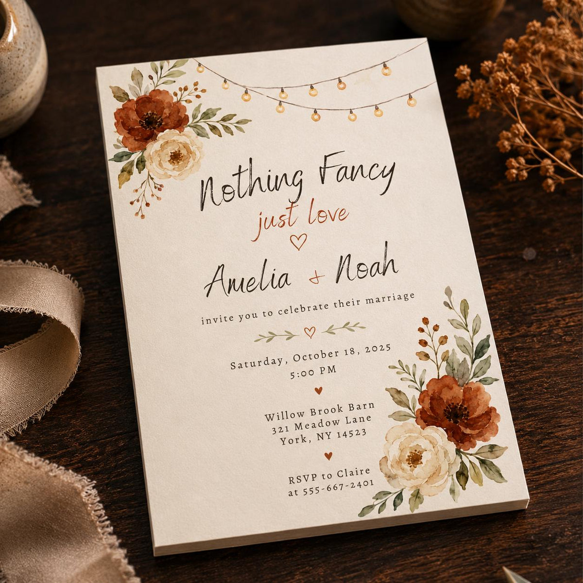 Terracotta Floral Rustic Fall Wedding Invitation — boho wedding design