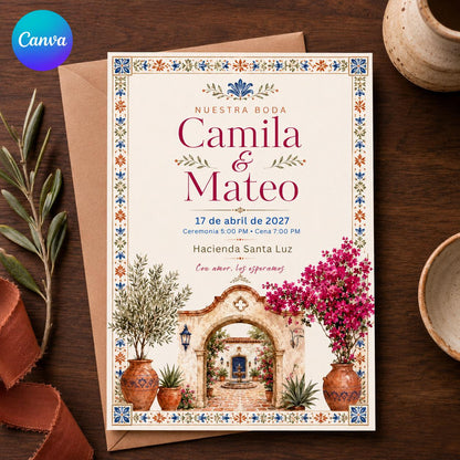 Terracotta Floral Spanish Wedding Invitation — editable Canva template