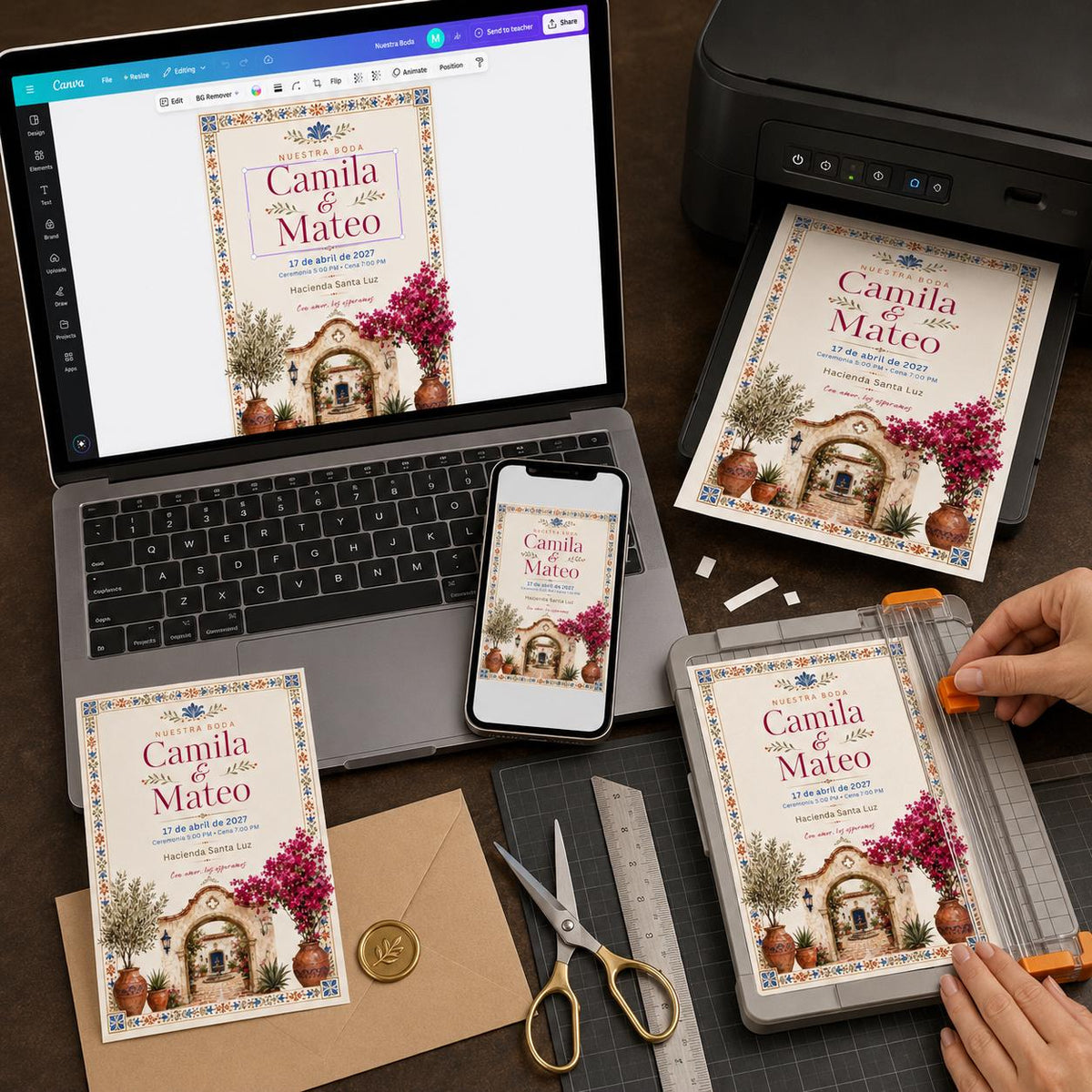 Terracotta Floral Spanish Wedding Invitation — print-ready wedding design from VoltBy