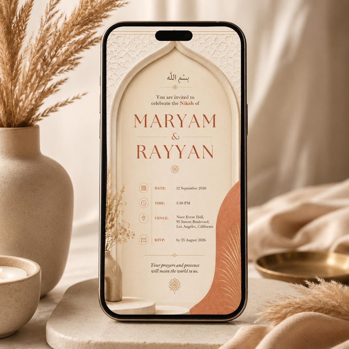 Terracotta Modern Boho Nikah Invitation — print-ready nikah ceremony design from VoltBy