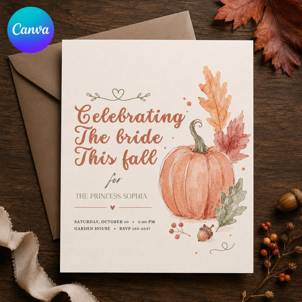 Terracotta Rustic Fall Bridal Shower Invitation — editable Canva template