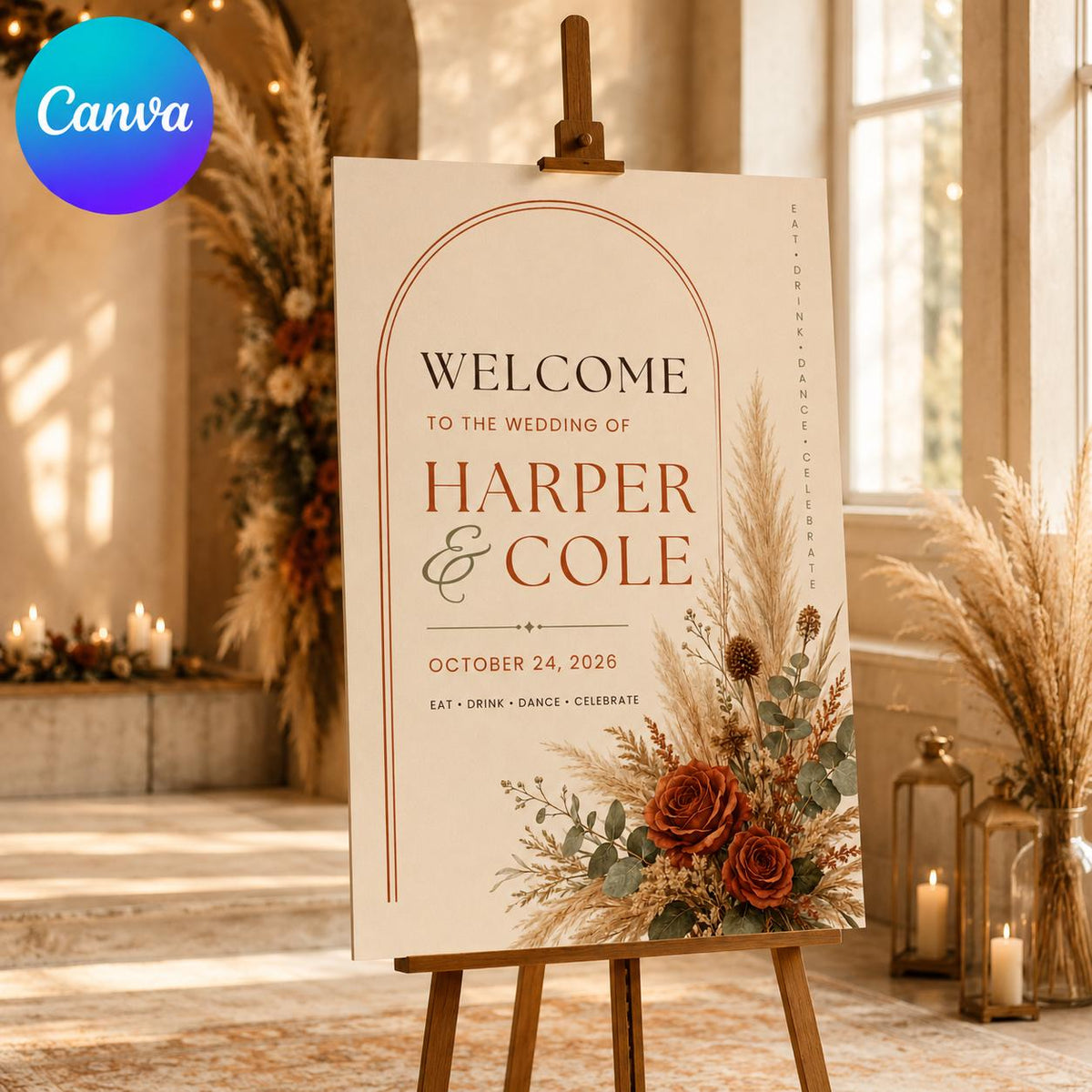 Terracotta Rustic Fall Wedding Welcome Sign — editable Canva template