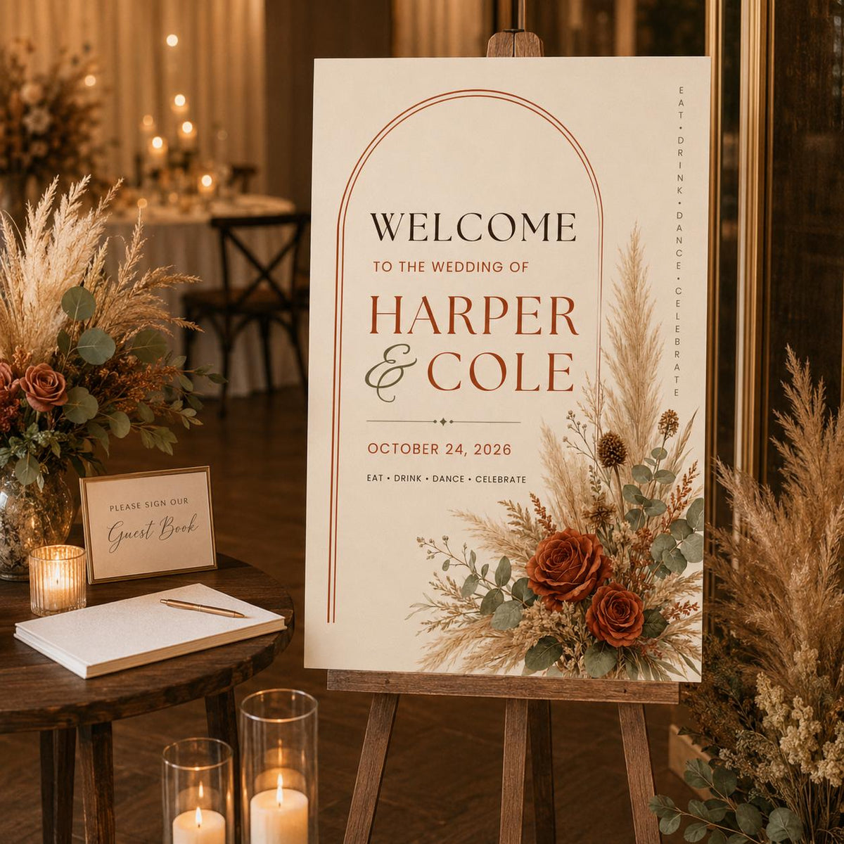 Terracotta Rustic Fall Wedding Welcome Sign — welcome sign you personalize in Canva