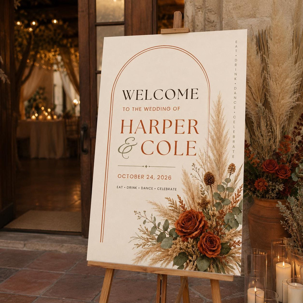 Terracotta Rustic Fall Wedding Welcome Sign — print-ready wedding design from VoltBy
