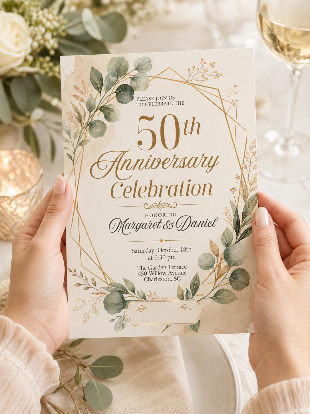 50th Anniversary Invite. Digital Floral Fiftieth Wedding Party or Dinner Invitation. DIY Template. Canva template __etsy:8020280685