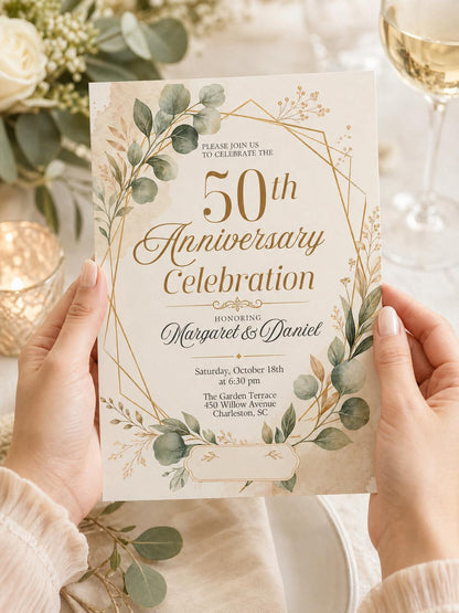 50th Anniversary Invite. Digital Floral Fiftieth Wedding Party or Dinner Invitation. DIY Template. Canva template __etsy:8020280685