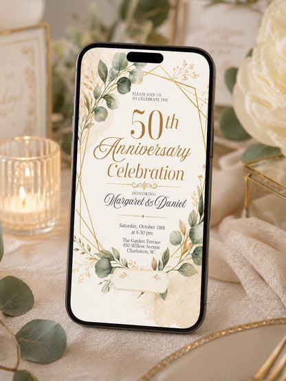 50th Anniversary Invite. Digital Floral Fiftieth Wedding Party or Dinner Invitation. DIY Template. Canva template __etsy:8020280797