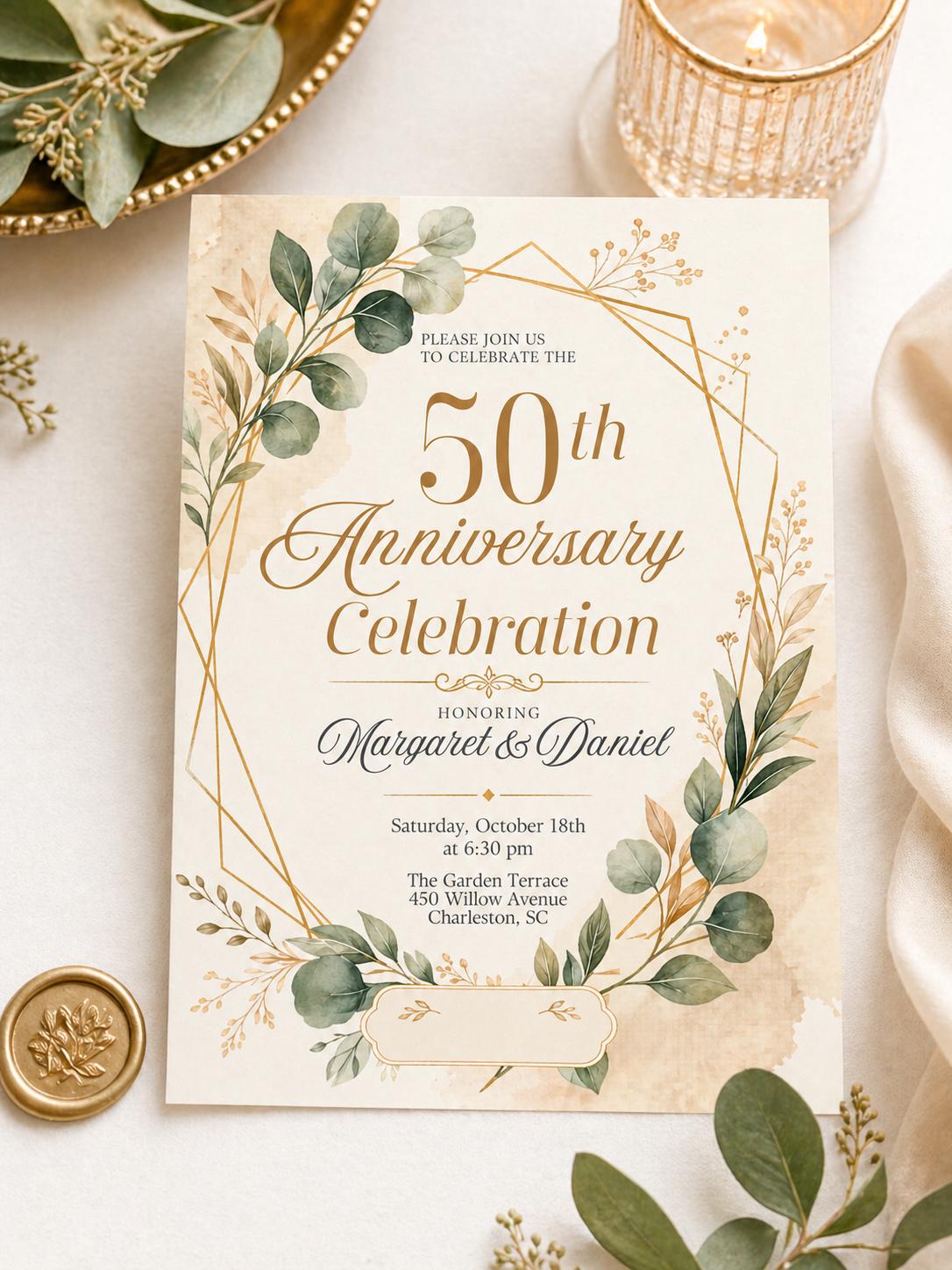 50th Anniversary Invite. Digital Floral Fiftieth Wedding Party or Dinner Invitation. DIY Template. Canva template __etsy:8020280755