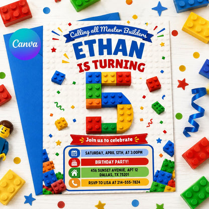 5th Birthday Building Blocks Invitation, Bricks Party Invite, Master Builder, Boy Birthday Invitation, Editable Canva Template __etsy:8051676339