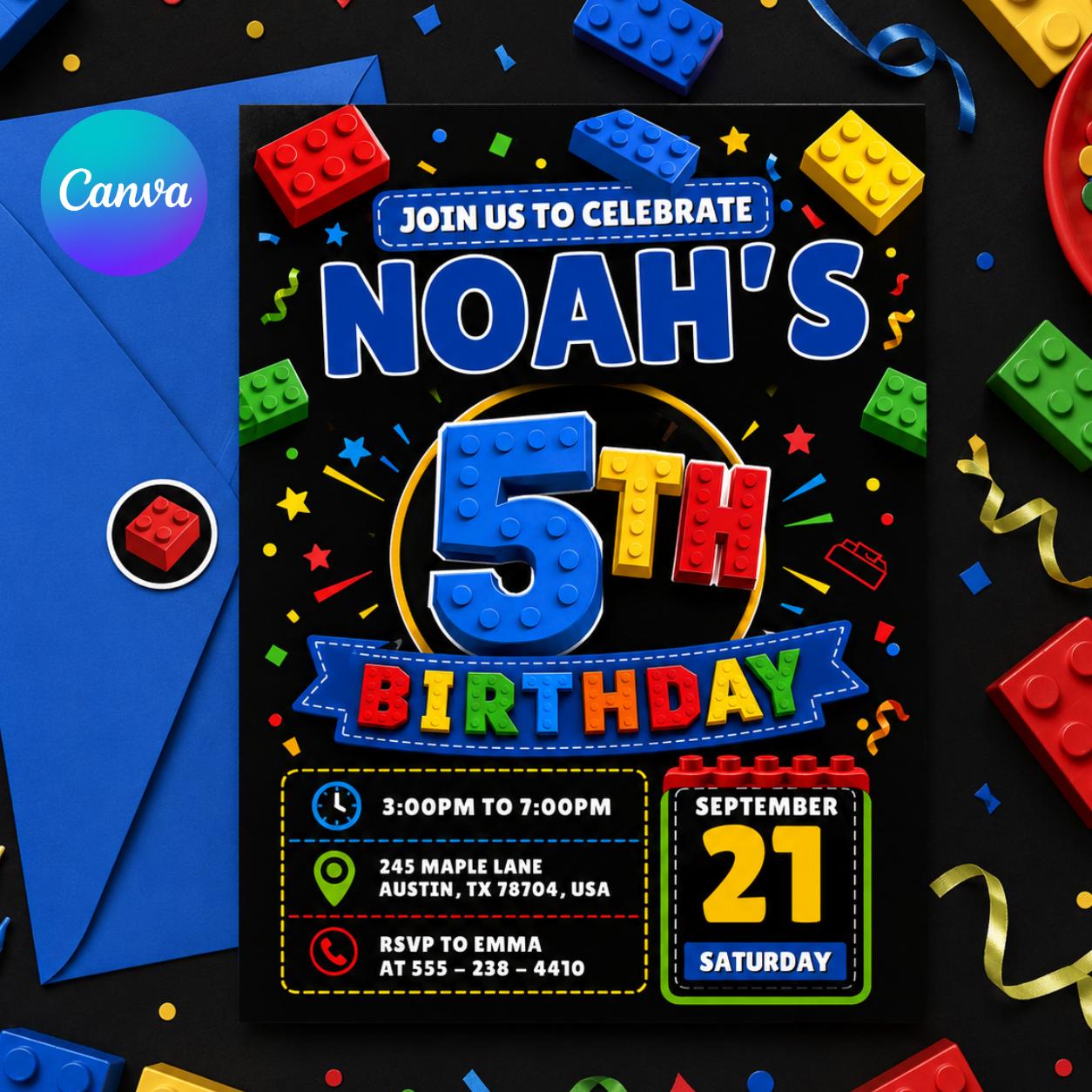 5th Birthday Building Blocks Invitation, Bricks Party Invite, Master Builder, Boy Birthday Invitation, Editable Canva Template __etsy:8003579004