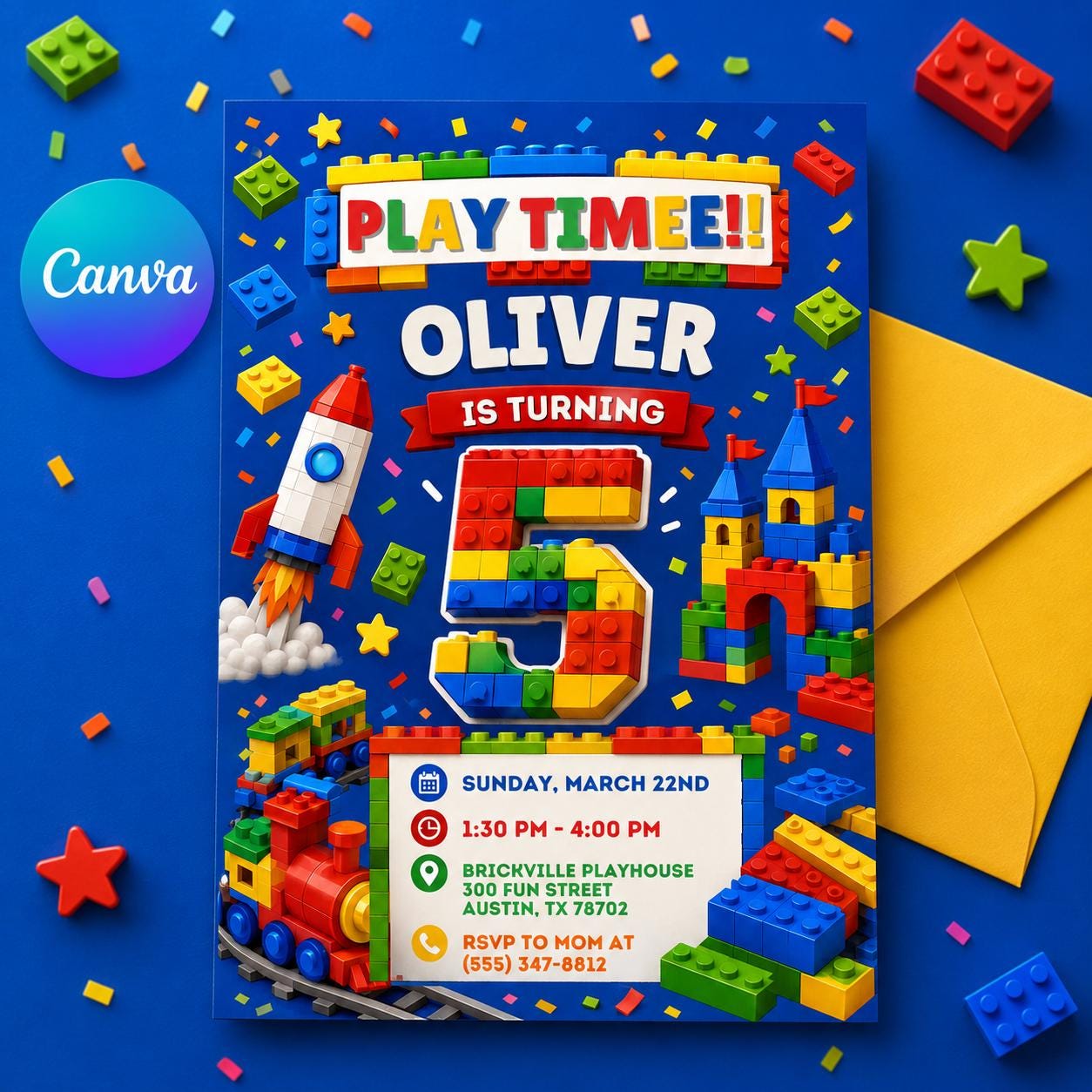 5th Birthday Building Blocks Invitation, Bricks Party Invite, Master Builder, Boy Birthday Invitation, Editable Canva Template __etsy:8105426043