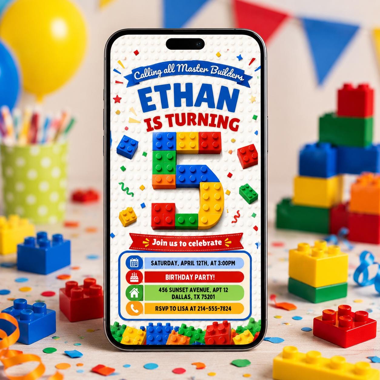 5th Birthday Building Blocks Invitation, Bricks Party Invite, Master Builder, Boy Birthday Invitation, Editable Canva Template __etsy:8051674719