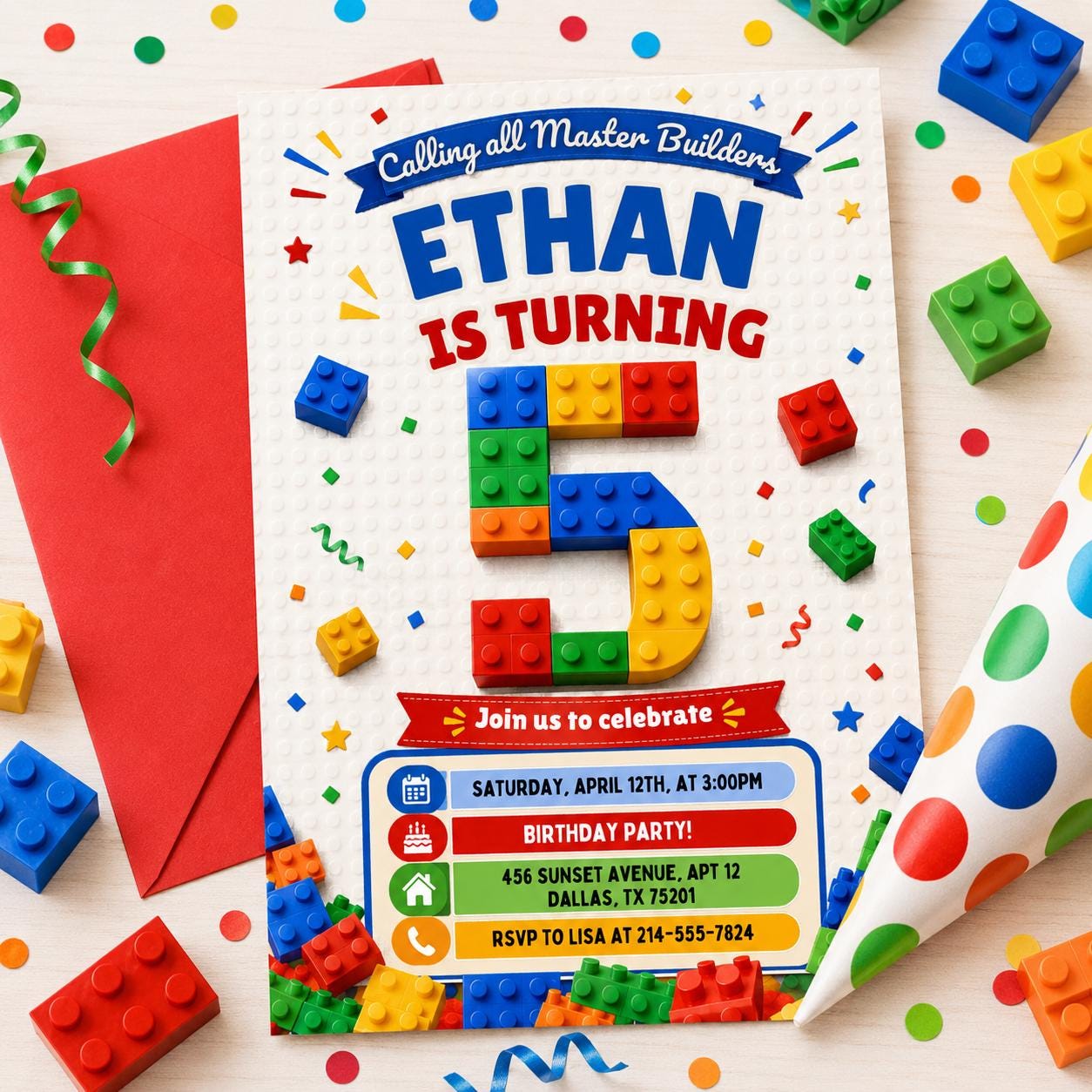 5th Birthday Building Blocks Invitation, Bricks Party Invite, Master Builder, Boy Birthday Invitation, Editable Canva Template __etsy:8051674737