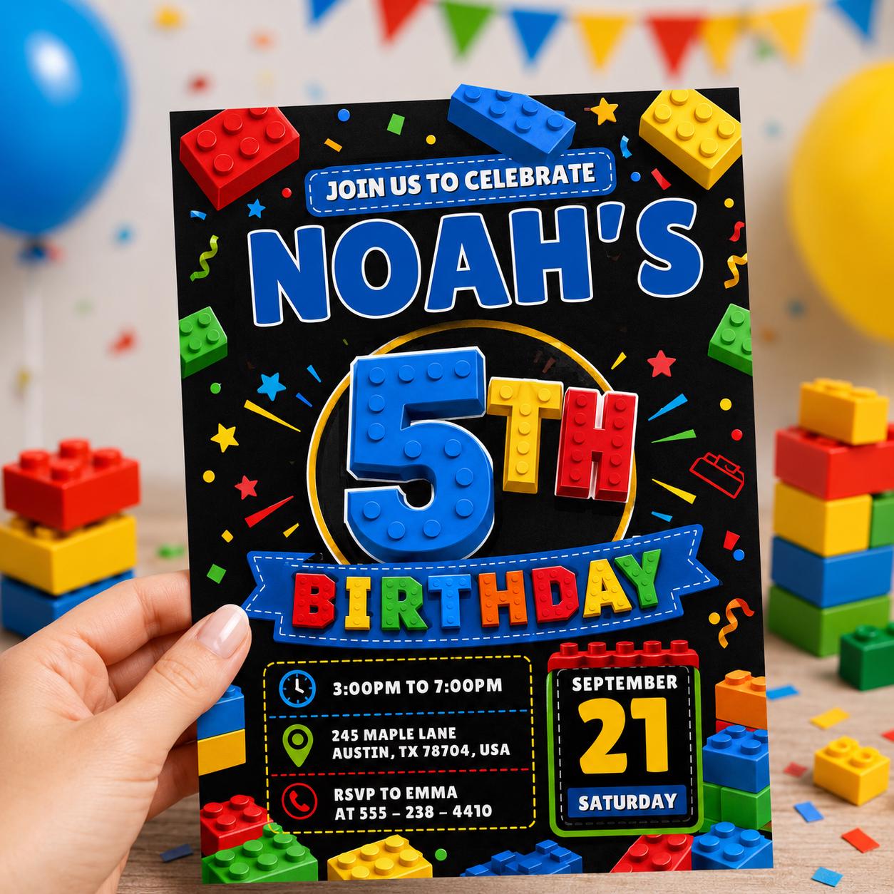 5th Birthday Building Blocks Invitation, Bricks Party Invite, Master Builder, Boy Birthday Invitation, Editable Canva Template __etsy:8003575882