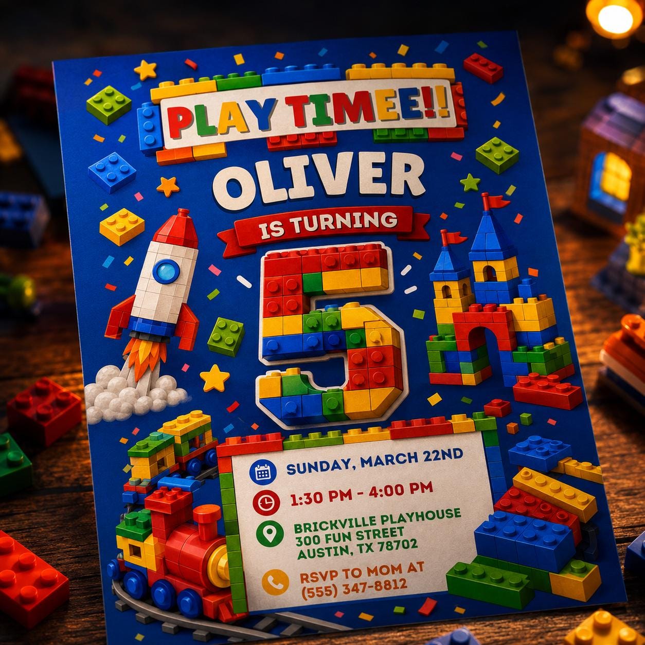 5th Birthday Building Blocks Invitation, Bricks Party Invite, Master Builder, Boy Birthday Invitation, Editable Canva Template __etsy:8057514092