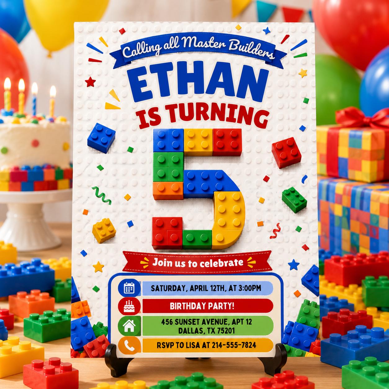 5th Birthday Building Blocks Invitation, Bricks Party Invite, Master Builder, Boy Birthday Invitation, Editable Canva Template __etsy:8051674739