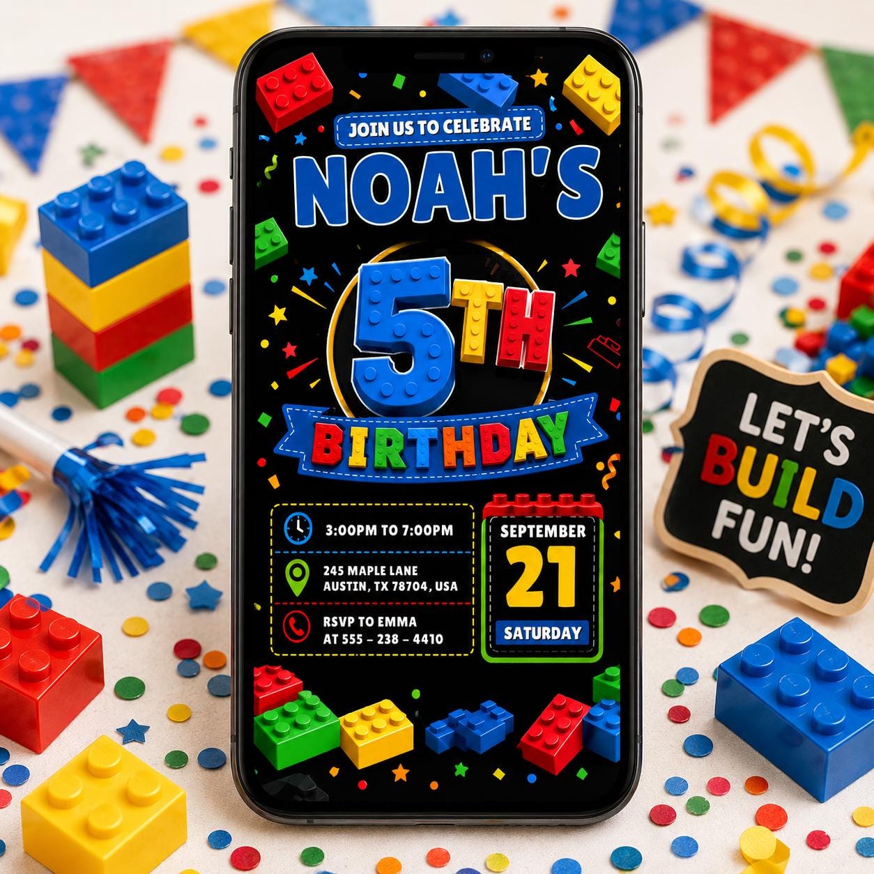 5th Birthday Building Blocks Invitation, Bricks Party Invite, Master Builder, Boy Birthday Invitation, Editable Canva Template __etsy:8051498547