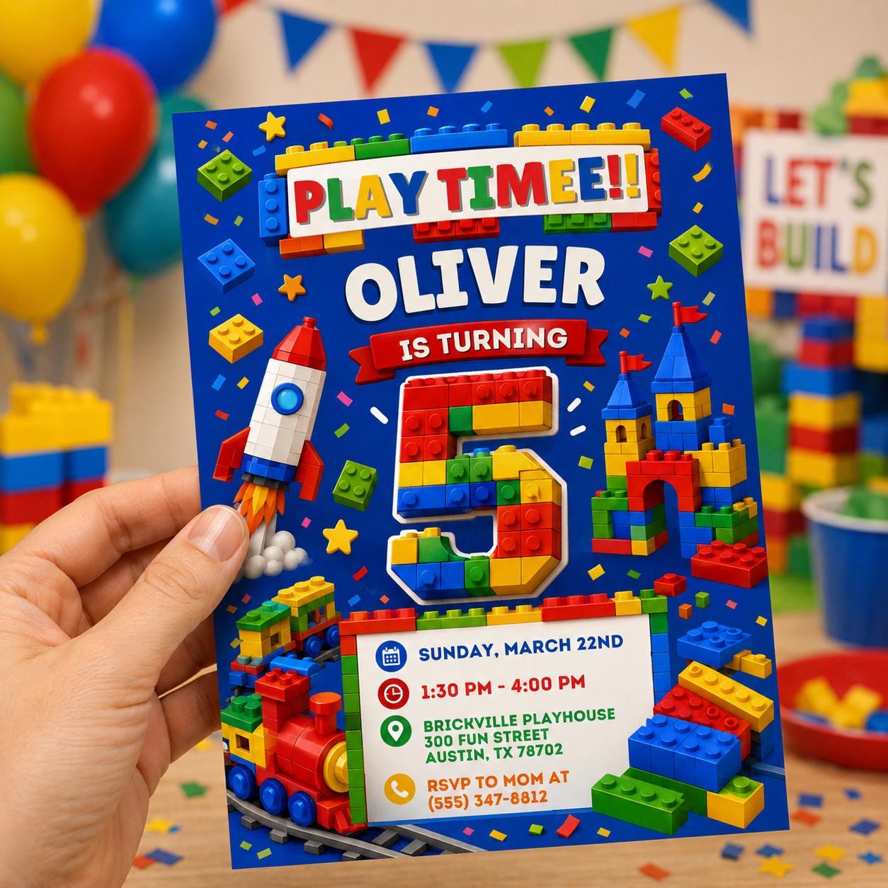 5th Birthday Building Blocks Invitation, Bricks Party Invite, Master Builder, Boy Birthday Invitation, Editable Canva Template __etsy:8057514090