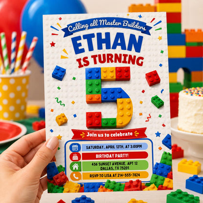5th Birthday Building Blocks Invitation, Bricks Party Invite, Master Builder, Boy Birthday Invitation, Editable Canva Template __etsy:8051674733