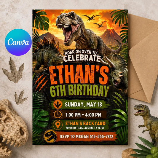 6th Birthday Dinosaur Invitation, 6th Boy Invitation, 6Th Birthday Invitation, Canva Template __etsy:8093712875
