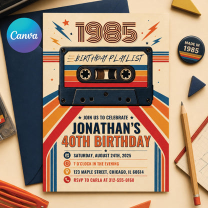 40th Birthday Invitation, Back to 80's Vintage Birthday Invite, Vintage 1985 Birth Year Party Invite, Back In 1985, Editable Canva Template __etsy:8015095848