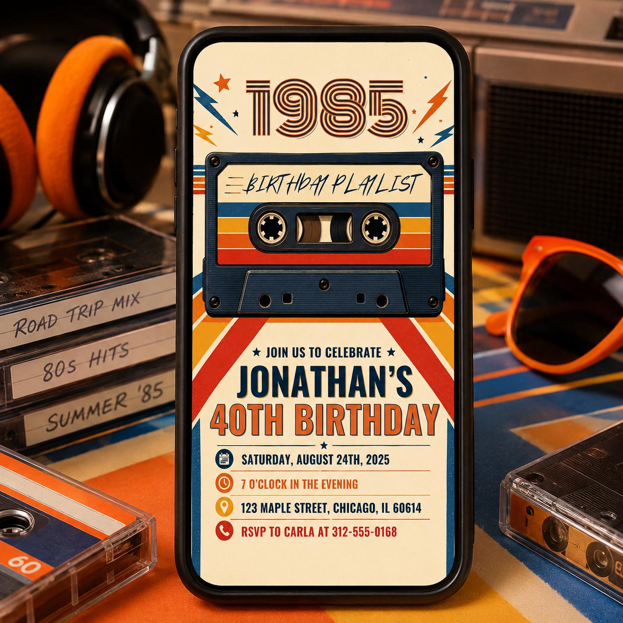 40th Birthday Invitation, Back to 80's Vintage Birthday Invite, Vintage 1985 Birth Year Party Invite, Back In 1985, Editable Canva Template __etsy:8015087142