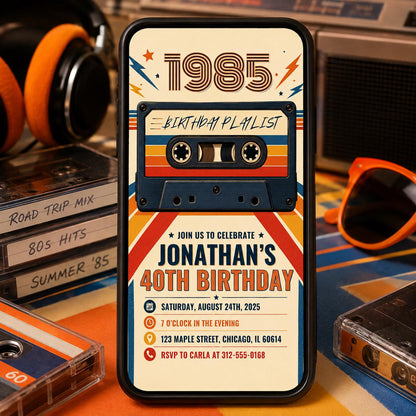 40th Birthday Invitation, Back to 80's Vintage Birthday Invite, Vintage 1985 Birth Year Party Invite, Back In 1985, Editable Canva Template __etsy:8015087142